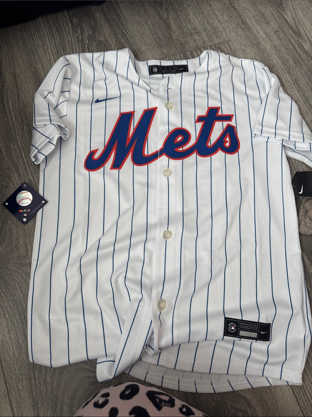 Nike White Pinstripe Mets Baseball Jersey with Blue & Orange Script youth size